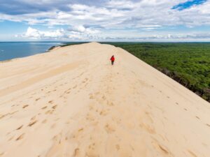 Person läuft auf der Dune du Pilat mit Blick auf Atlantik und Pinienwald