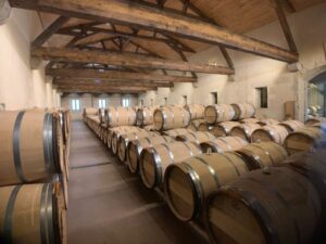 Weinkeller mit vielen Barriques unter Holzgebälk